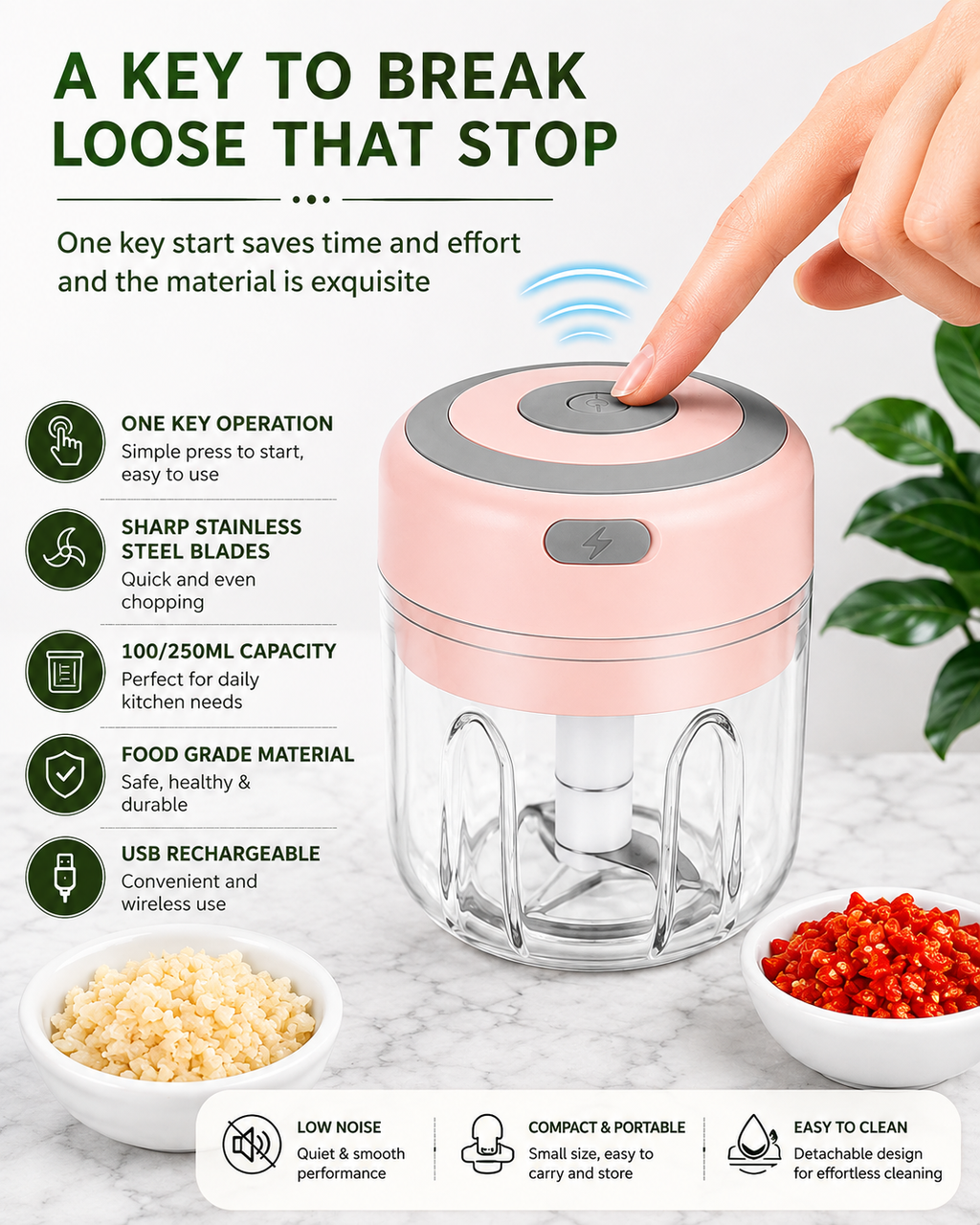 Mini Electric Food Chopper - USB Rechargeable Garlic, Ginger & Vegetables Cutter.
