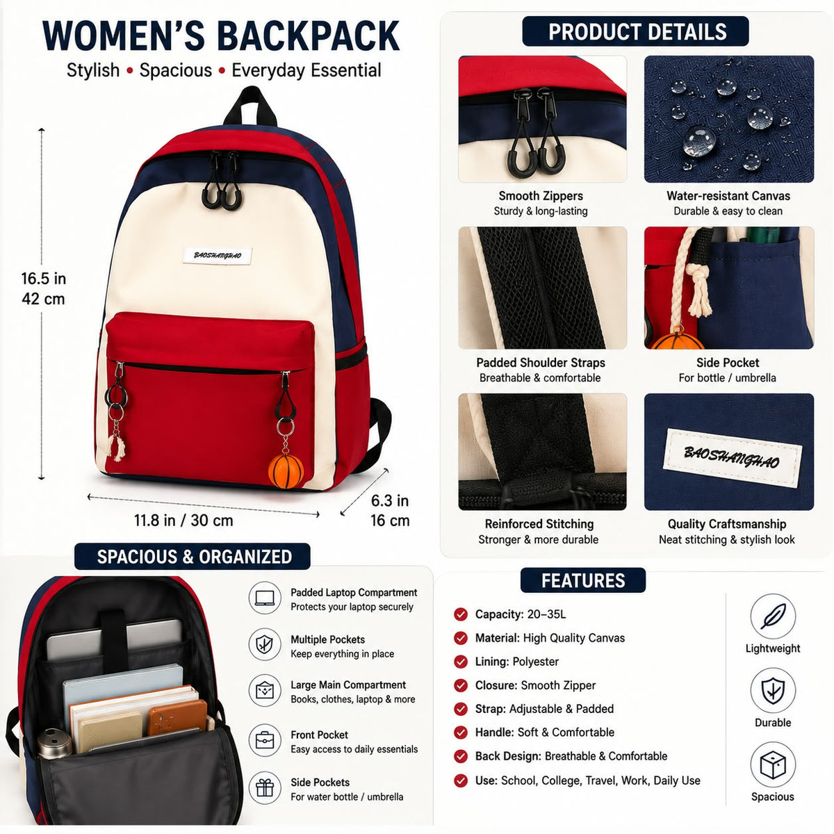 4-Piece Women's Backpack Set, Large Capacity Casual Travel Bags with Matching Colours
