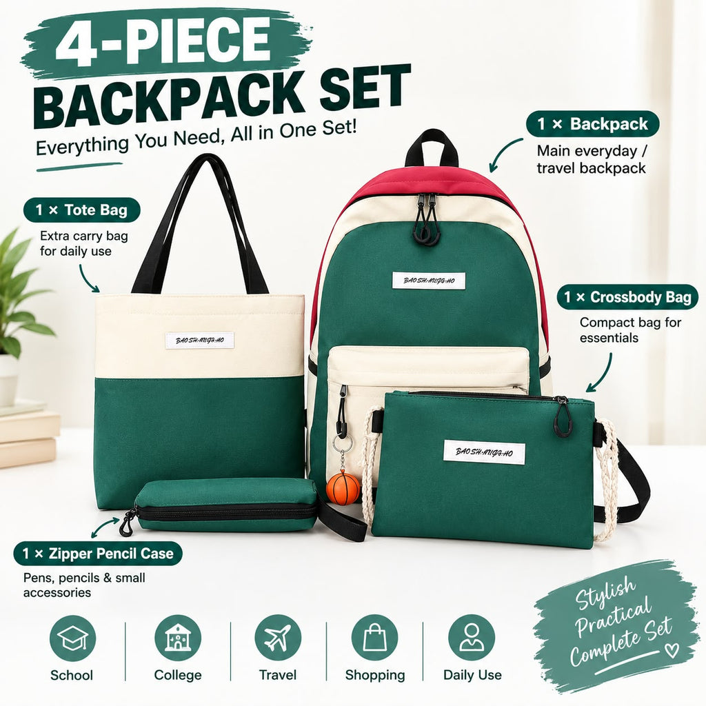 4-Piece Women's Backpack Set, Large Capacity Casual Travel Bags with Matching Colours