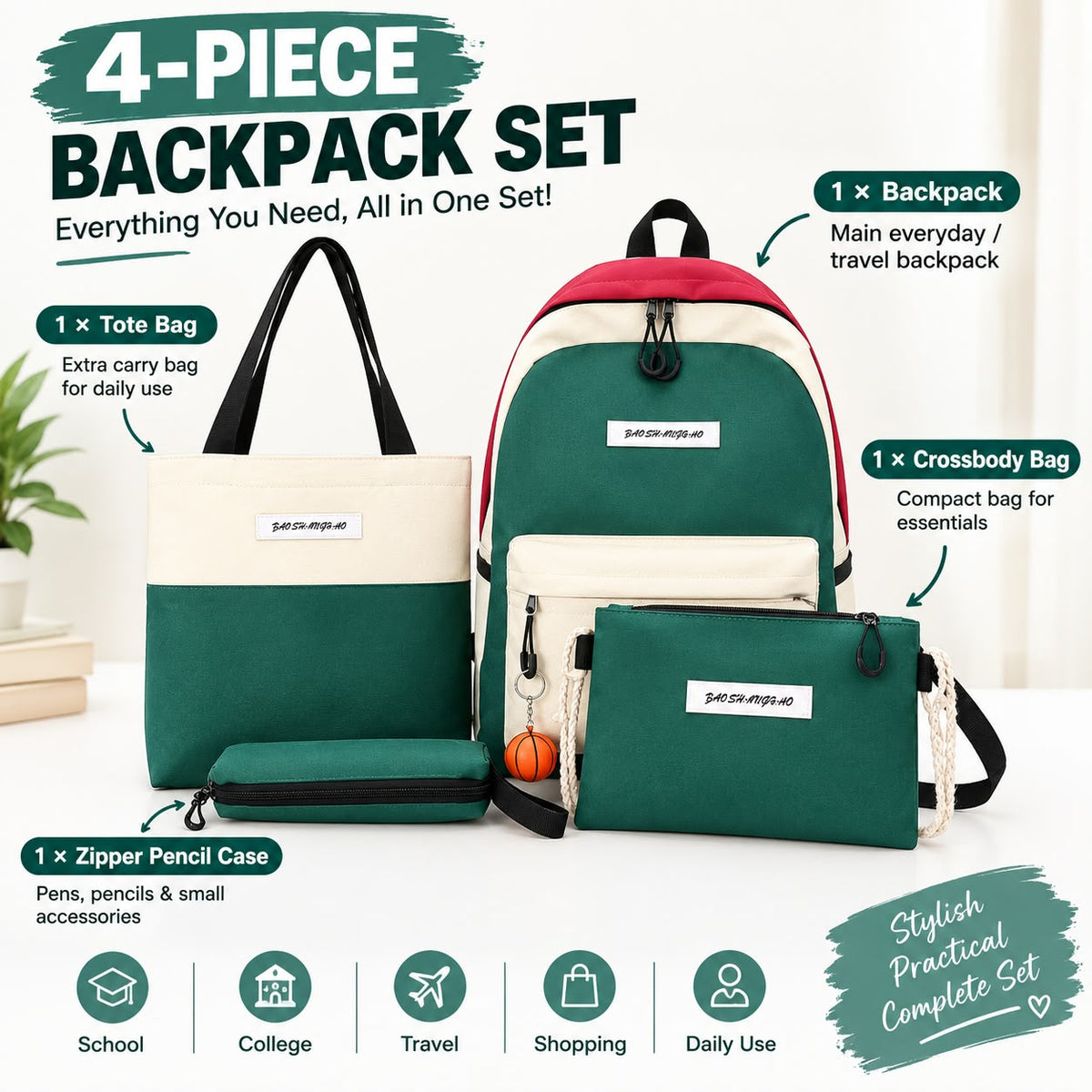 4-Piece Women's Backpack Set, Large Capacity Casual Travel Bags with Matching Colours