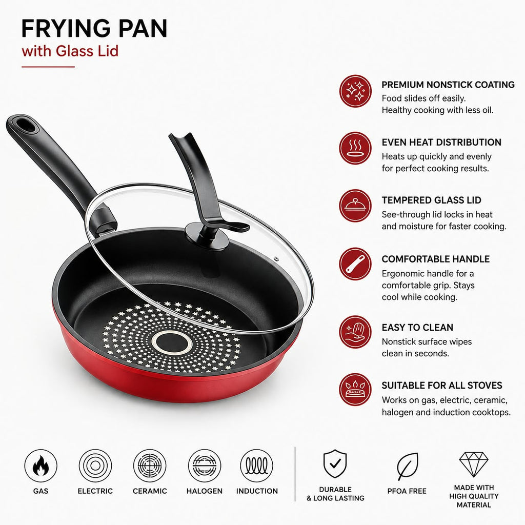 Cast Iron Nonstick Frying Pan with Lid - 28cm Skillet