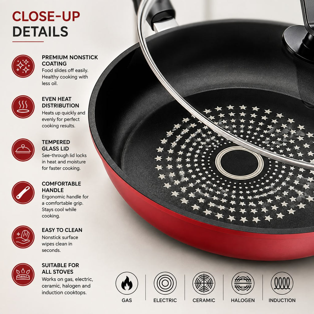 Cast Iron Nonstick Frying Pan with Lid - 28cm Skillet