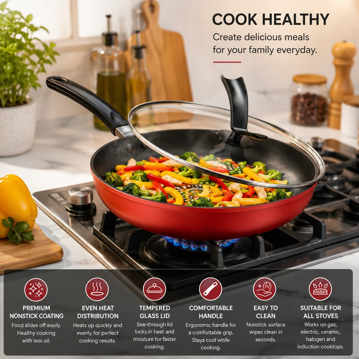 Cast Iron Nonstick Frying Pan with Lid - 28cm Skillet